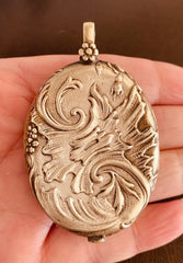 French Slide Locket Pendant, European Silver Antique Jewellery 1900s Art Nouveau