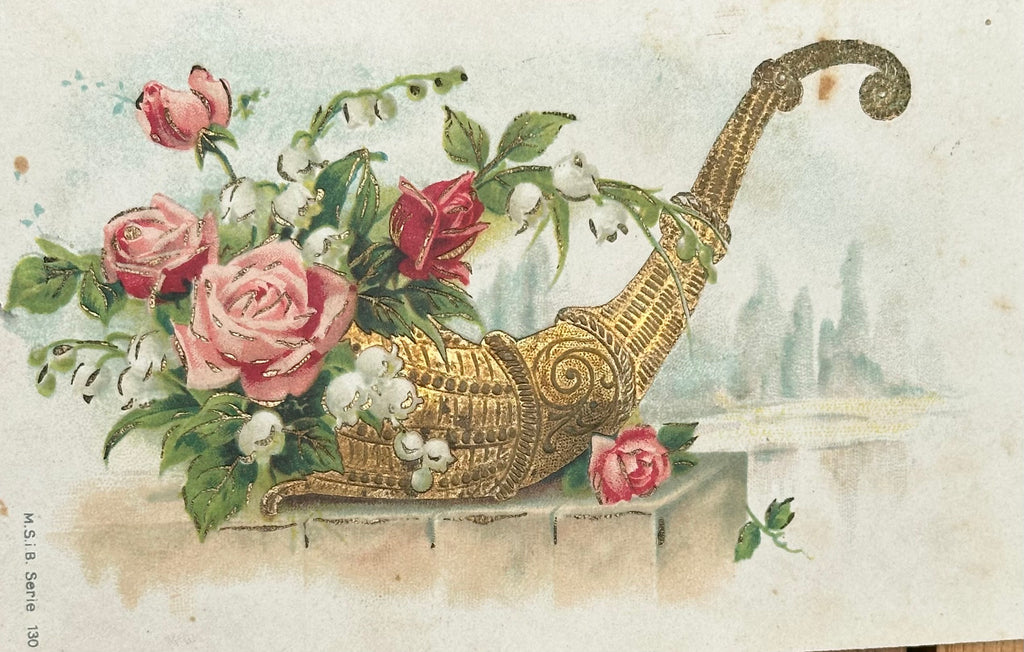 NOW SOLD Embossed French Antique Postcard, Printed in Pre Unified Germany, Cornucopia Horn of Plenty, Pink and Red Roses // Franked 1905