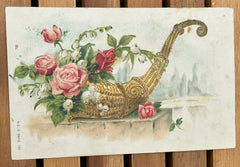 NOW SOLD Embossed French Antique Postcard, Printed in Pre Unified Germany, Cornucopia Horn of Plenty, Pink and Red Roses // Franked 1905