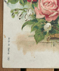 NOW SOLD Embossed French Antique Postcard, Printed in Pre Unified Germany, Cornucopia Horn of Plenty, Pink and Red Roses // Franked 1905