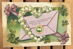 Embossed French Antique Postcard Featuring a Love Letter and a Heart of Lily of the Valley. There are Good Luck Four Leaf Clovers Around the Border, UNSIGNED COLLECTORS CARD