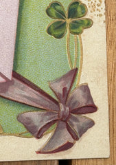 Embossed French Antique Postcard Featuring a Love Letter and a Heart of Lily of the Valley. There are Good Luck Four Leaf Clovers Around the Border, UNSIGNED COLLECTORS CARD