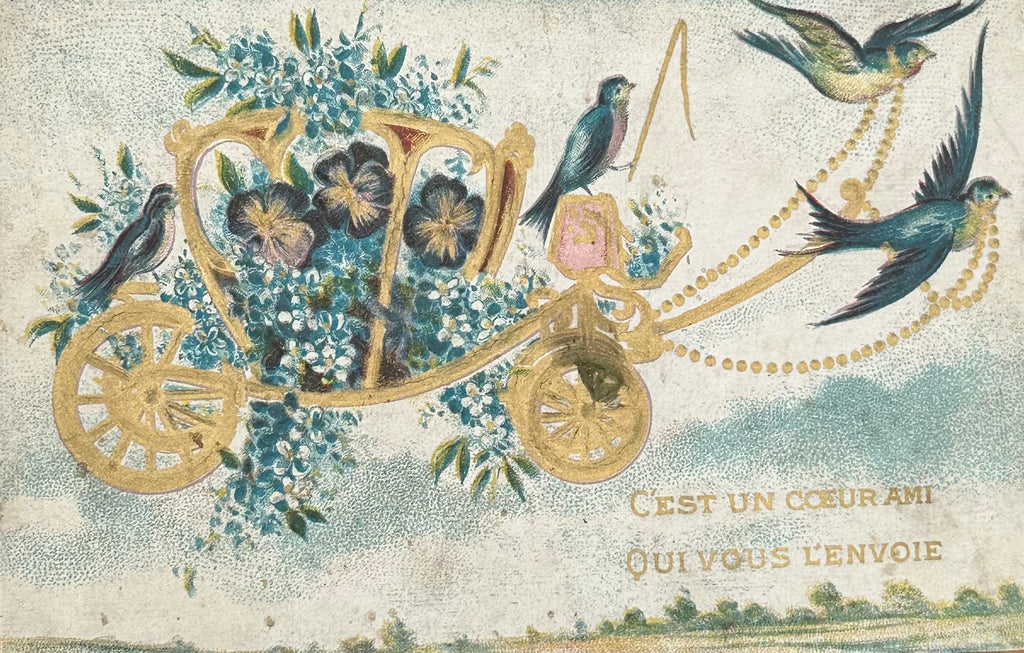 Embossed French Antique Postcard, Golden Carriage Filled with Pansies, Driven by Swallows // Printed in Prussia 1900s