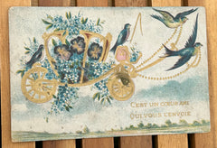 Embossed French Antique Postcard, Golden Carriage Filled with Pansies, Driven by Swallows // Printed in Prussia 1900s