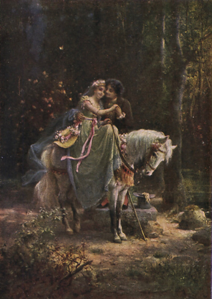 Art Nouveau Romantic Couple Postcard, White Horse, Artist Signed, 1900s