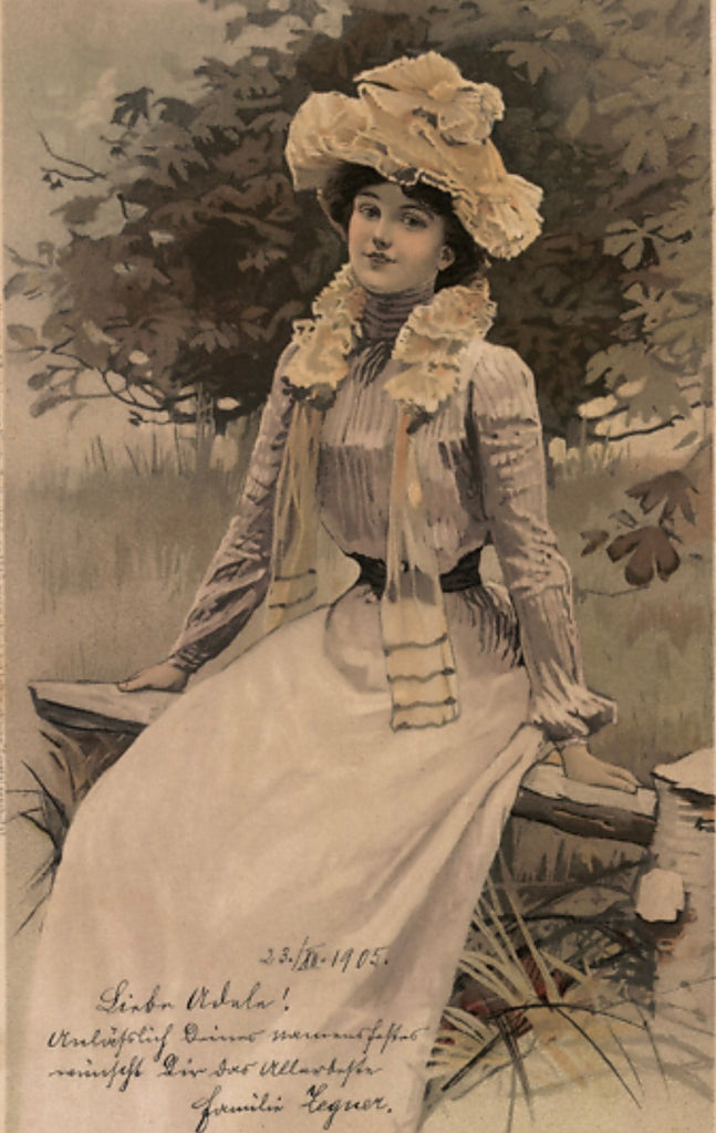 Art Nouveau Lady Postcard, 1900s Fashion Frilly Hat, Long Scarf Franked 1905