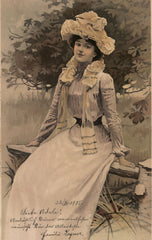 Art Nouveau Lady Postcard, 1900s Fashion Frilly Hat, Long Scarf Franked 1905