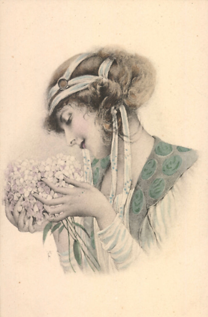 NOW SOLD Art Nouveau Postcard, Glamorous Lady, Headdress and Bouquet, Artist Illustration 1900s Published by M M Vienne, UNUSED
