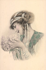 NOW SOLD Art Nouveau Postcard, Glamorous Lady, Headdress and Bouquet, Artist Illustration 1900s Published by M M Vienne, UNUSED