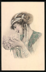 NOW SOLD Art Nouveau Postcard, Glamorous Lady, Headdress and Bouquet, Artist Illustration 1900s Published by M M Vienne, UNUSED