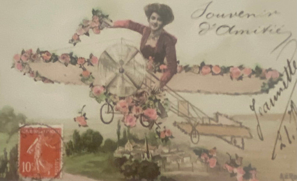 French Antique Postcard, Glamorous Lady Flying a Plane Decorated with Flowers // Vintage Paper Ephemera, Franked 1909