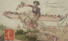 French Antique Postcard, Glamorous Lady Flying a Plane Decorated with Flowers // Vintage Paper Ephemera, Franked 1909
