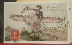 French Antique Postcard, Glamorous Lady Flying a Plane Decorated with Flowers // Vintage Paper Ephemera, Franked 1909