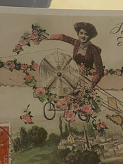 French Antique Postcard, Glamorous Lady Flying a Plane Decorated with Flowers // Vintage Paper Ephemera, Franked 1909
