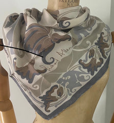 Richard Allan Grey Beige Silk Scarf, Art Déco Stylised Floral Design Vintage