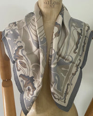 Richard Allan Grey Beige Silk Scarf, Art Déco Stylised Floral Design Vintage