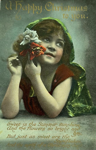 National Series Publisher, Antique British Postcard Franked 1920, Happy Christmas, Pretty Little Girl with Flowers Wearing a Green Cloak,