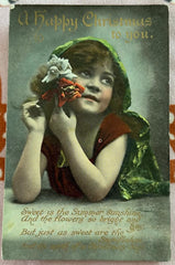 National Series Publisher, Antique British Postcard Franked 1920, Happy Christmas, Pretty Little Girl with Flowers Wearing a Green Cloak,