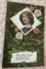 1920s Floral Birthday Postcard, Pretty Child Birthday Wish, Many Happy Returns