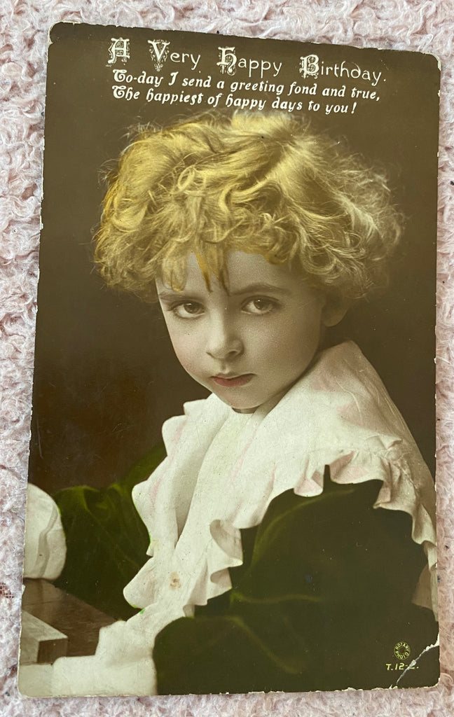 Antique Birthday Postcard, Real Photo, Young Boy with Ruffles, Printed in Britain, Art Deco Graphics