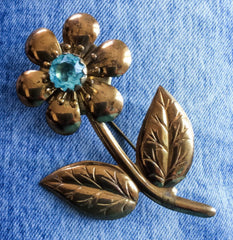 Aquamarine Flower Brooch, Czech Glass, 1940s Vintage Jewelry,