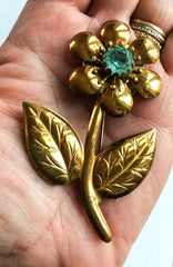 Aquamarine Flower Brooch, Czech Glass, 1940s Vintage Jewelry,