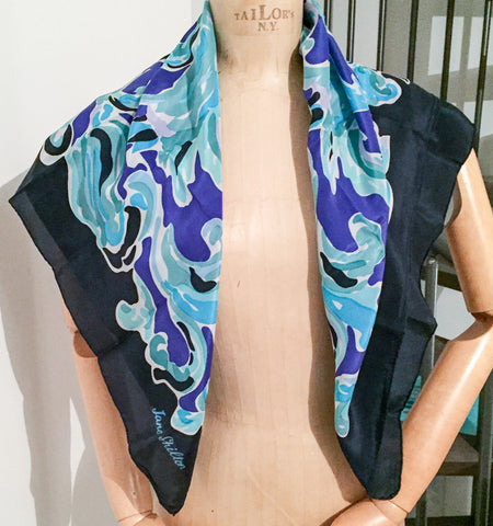 Jane Shilton Silk Scarf, Modernist, Abstract Blue Swirls, Vintage Fabric