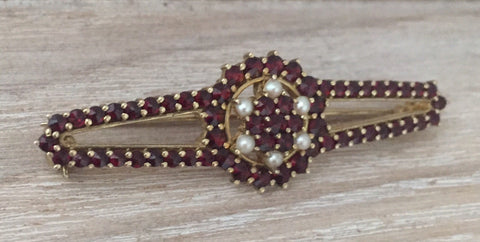 Bohemian Garnet with Pearls Brooch, Victorian Revival, European Silver Vintage Jewelry