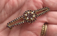 Bohemian Garnet with Pearls Brooch, Victorian Revival, European Silver Vintage Jewelry