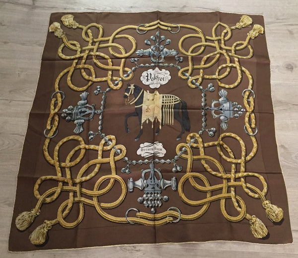 NOW SOLD Hermes Brown Silk Scarf, Cheval Palefroi, Vintage Ladies