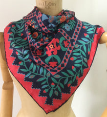 NOW SOLD Beckford Silk Scarf 36", Arts Crafts Floral, Red Green Blue, Vintage Fabric
