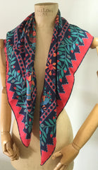 NOW SOLD Beckford Silk Scarf 36", Arts Crafts Floral, Red Green Blue, Vintage Fabric