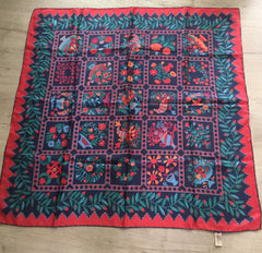 NOW SOLD Beckford Silk Scarf 36", Arts Crafts Floral, Red Green Blue, Vintage Fabric