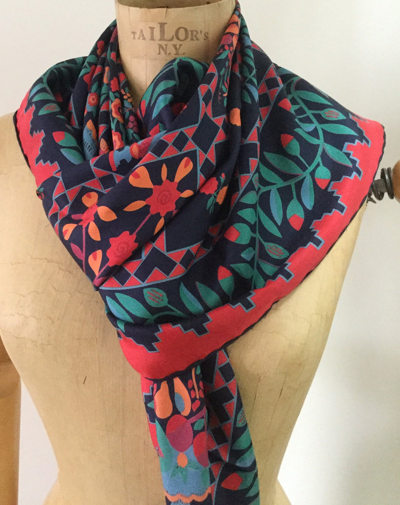 NOW SOLD Beckford Silk Scarf 36", Arts Crafts Floral, Red Green Blue, Vintage Fabric