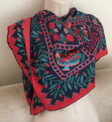 NOW SOLD Beckford Silk Scarf 36", Arts Crafts Floral, Red Green Blue, Vintage Fabric