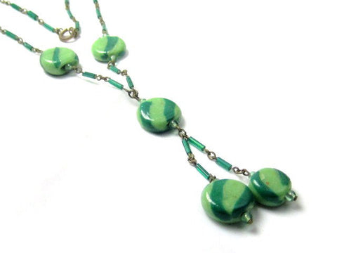 Art Deco Necklace, Green Striped Art Glass, Vintage Jewelry