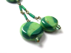 Art Deco Necklace, Green Striped Art Glass, Vintage Jewelry