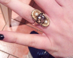 Fahrner Art Nouveau Ring, Smokey Topaz with Pearl, Sterling Silver, German Vintage Fine Jewelry