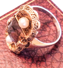 Fahrner Art Nouveau Ring, Smokey Topaz with Pearl, Sterling Silver, German Vintage Fine Jewelry