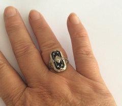 NOW SOLD Art Deco Ring, Onyx Diamond, Ostby & Barton, 14K White Gold, Vintage Fine Jewelry