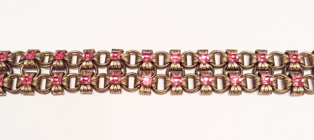 NOW SOLD Art Nouveau Pink Glass Book Chain Bracelet, Vintage Jewelry