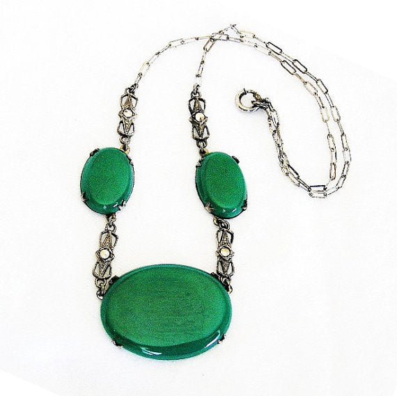 Art Deco Chrysoprase Necklace Marcasite Sterling Silver OurBoudoir