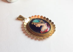 Enamel Lady Pendant, Iridescent, 18K Gold, Miniature Painting, Art Nouveau Vintage Fine Jewelry