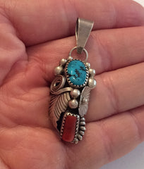 NOW SOLD Native American Pendant, Coral, Turquoise, Feather 1960s Vintage Jewelry