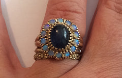 Opal Ring, Blue Sapphire Cabochon, 9K Gold, Vintage Fine Jewelry