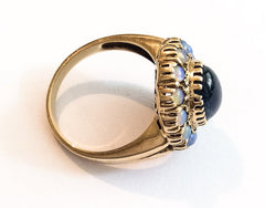 Opal Ring, Blue Sapphire Cabochon, 9K Gold, Vintage Fine Jewelry