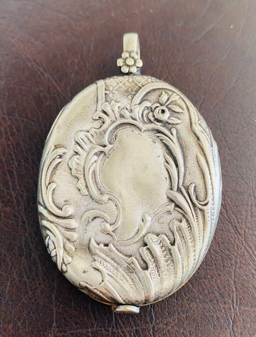 French Art Nouveau Slide Locket Pendant, European Silver Antique Jewellery 1900s