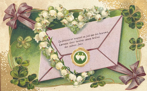 Embossed French Antique Postcard Featuring a Love Letter and a Heart of Lily of the Valley.  There are Good Luck Four Leaf Clovers Around the Border,  UNSIGNED COLLECTORS CARD