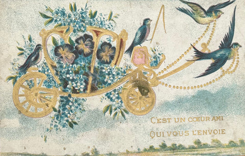Embossed French Antique Postcard, Golden Carriage Filled with Pansies, Driven by Swallows // Printed in Prussia 1900s