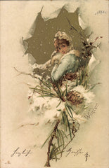 Art Nouveau Lady Postcard, Franked